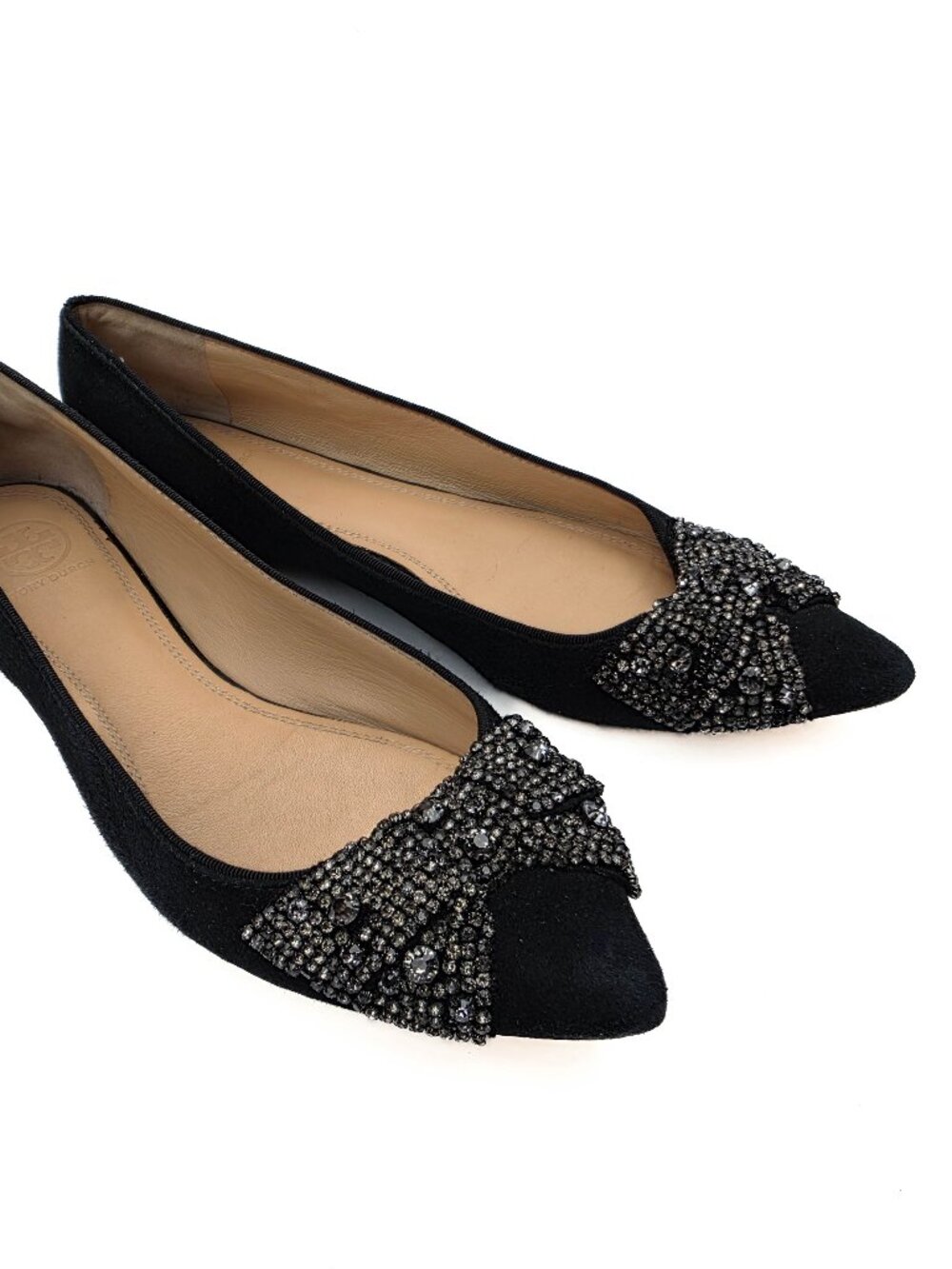 Tory Burch Vanessa Flats 8.5 Black Suede Rhinestone Crystal Bow Pointed Toe